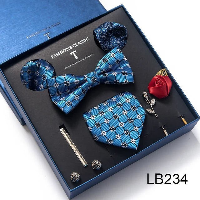 Brand Newest Design Silk Tie Set Handkerchief Pocket Squares Cufflink Bow Tie Clip Necktie Set Bussiness Wedding Suit Gift Box - Luzilly Bridal & Apparel