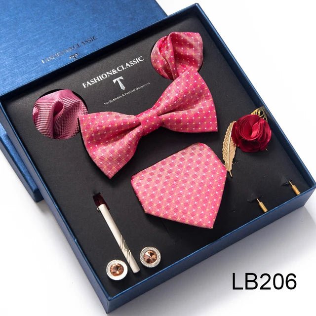 Brand Newest Design Silk Tie Set Handkerchief Pocket Squares Cufflink Bow Tie Clip Necktie Set Bussiness Wedding Suit Gift Box - Luzilly Bridal & Apparel