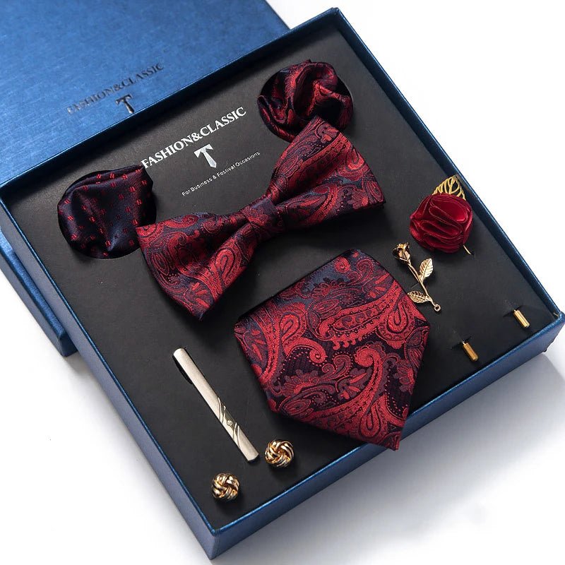 Brand Newest Design Silk Tie Set Handkerchief Pocket Squares Cufflink Bow Tie Clip Necktie Set Bussiness Wedding Suit Gift Box - Luzilly Bridal & Apparel