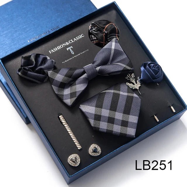 Brand Newest Design Silk Tie Set Handkerchief Pocket Squares Cufflink Bow Tie Clip Necktie Set Bussiness Wedding Suit Gift Box - Luzilly Bridal & Apparel