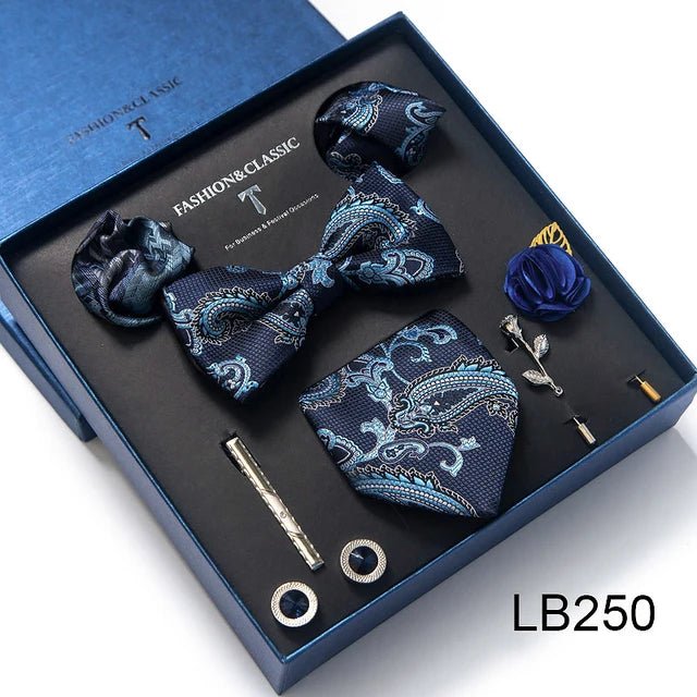 Brand Newest Design Silk Tie Set Handkerchief Pocket Squares Cufflink Bow Tie Clip Necktie Set Bussiness Wedding Suit Gift Box - Luzilly Bridal & Apparel