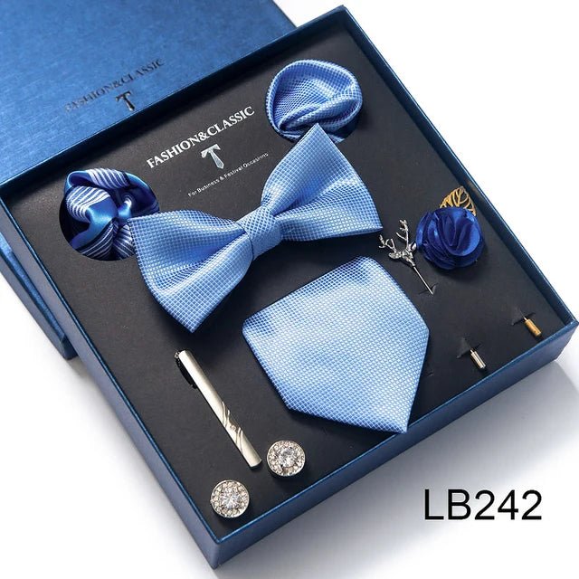Brand Newest Design Silk Tie Set Handkerchief Pocket Squares Cufflink Bow Tie Clip Necktie Set Bussiness Wedding Suit Gift Box - Luzilly Bridal & Apparel