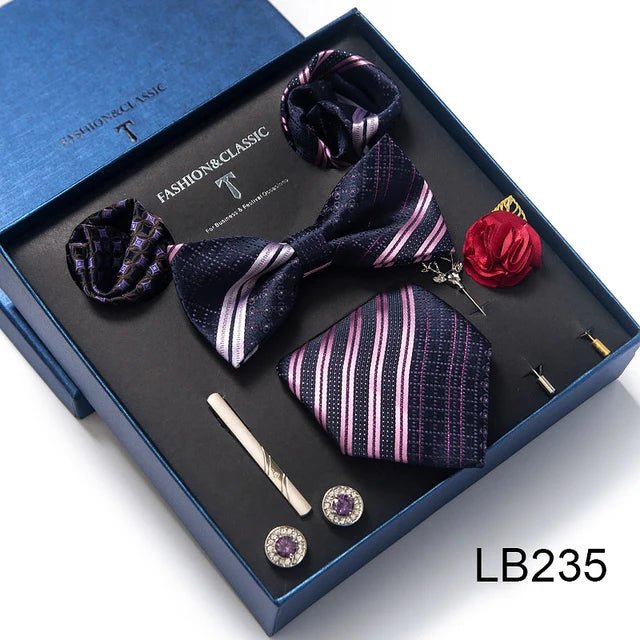 Brand Newest Design Silk Tie Set Handkerchief Pocket Squares Cufflink Bow Tie Clip Necktie Set Bussiness Wedding Suit Gift Box - Luzilly Bridal & Apparel