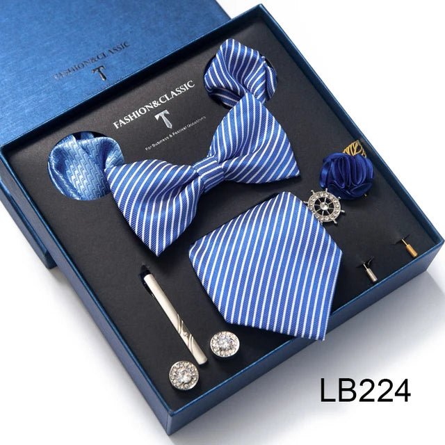 Brand Newest Design Silk Tie Set Handkerchief Pocket Squares Cufflink Bow Tie Clip Necktie Set Bussiness Wedding Suit Gift Box - Luzilly Bridal & Apparel
