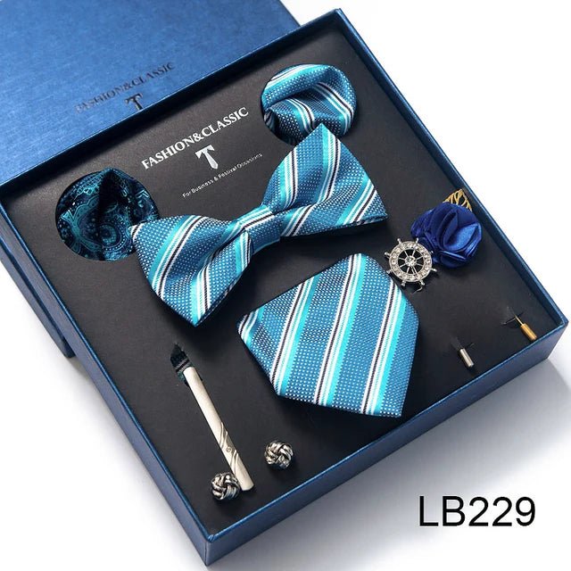 Brand Newest Design Silk Tie Set Handkerchief Pocket Squares Cufflink Bow Tie Clip Necktie Set Bussiness Wedding Suit Gift Box - Luzilly Bridal & Apparel