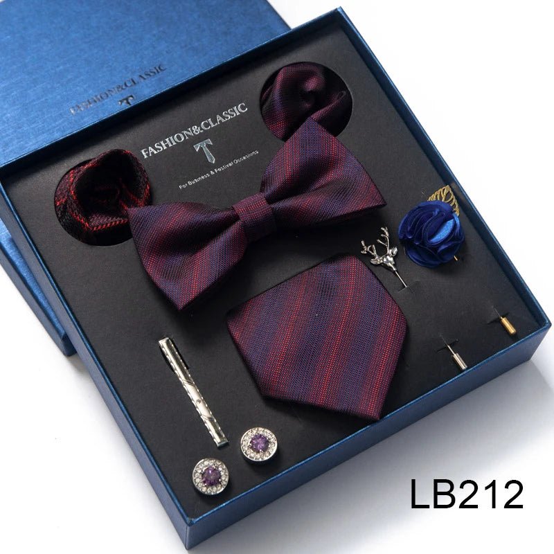 Brand Newest Design Silk Tie Set Handkerchief Pocket Squares Cufflink Bow Tie Clip Necktie Set Bussiness Wedding Suit Gift Box - Luzilly Bridal & Apparel