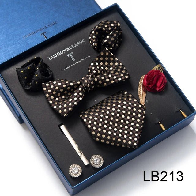 Brand Newest Design Silk Tie Set Handkerchief Pocket Squares Cufflink Bow Tie Clip Necktie Set Bussiness Wedding Suit Gift Box - Luzilly Bridal & Apparel