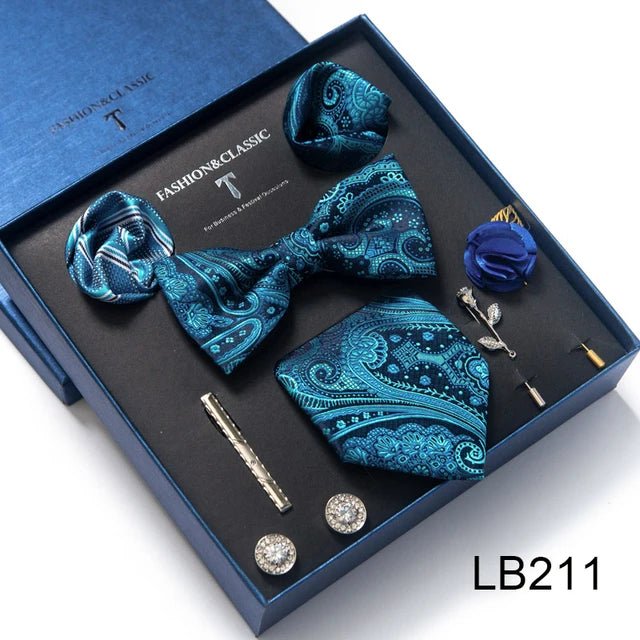 Brand Newest Design Silk Tie Set Handkerchief Pocket Squares Cufflink Bow Tie Clip Necktie Set Bussiness Wedding Suit Gift Box - Luzilly Bridal & Apparel