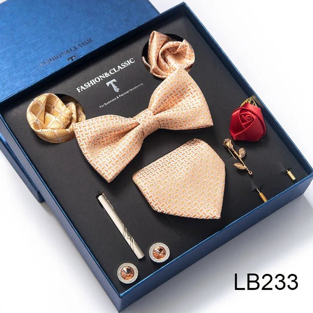 Brand Newest Design Silk Tie Set Handkerchief Pocket Squares Cufflink Bow Tie Clip Necktie Set Bussiness Wedding Suit Gift Box - Luzilly Bridal & Apparel