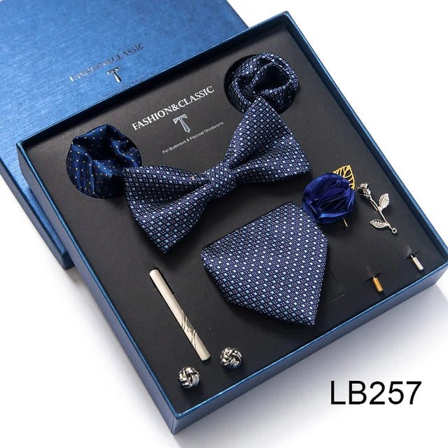 Brand Newest Design Silk Tie Set Handkerchief Pocket Squares Cufflink Bow Tie Clip Necktie Set Bussiness Wedding Suit Gift Box - Luzilly Bridal & Apparel