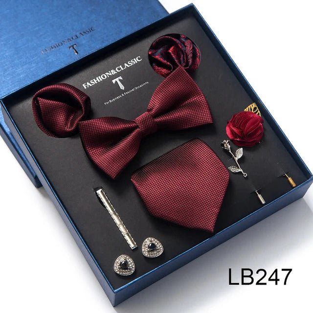 Brand Newest Design Silk Tie Set Handkerchief Pocket Squares Cufflink Bow Tie Clip Necktie Set Bussiness Wedding Suit Gift Box - Luzilly Bridal & Apparel