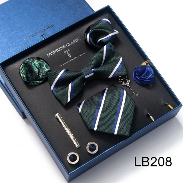 Brand Newest Design Silk Tie Set Handkerchief Pocket Squares Cufflink Bow Tie Clip Necktie Set Bussiness Wedding Suit Gift Box - Luzilly Bridal & Apparel