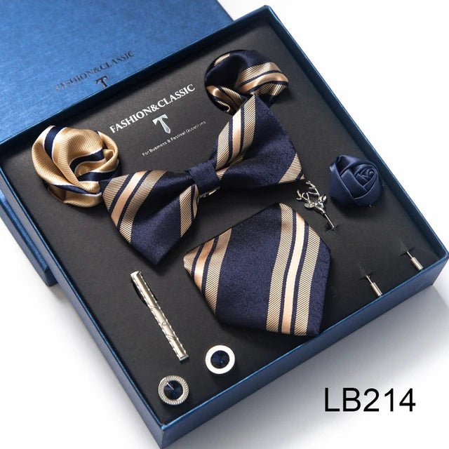 Brand Newest Design Silk Tie Set Handkerchief Pocket Squares Cufflink Bow Tie Clip Necktie Set Bussiness Wedding Suit Gift Box - Luzilly Bridal & Apparel