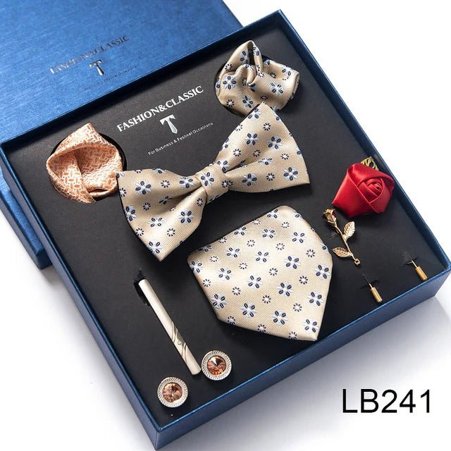 Brand Newest Design Silk Tie Set Handkerchief Pocket Squares Cufflink Bow Tie Clip Necktie Set Bussiness Wedding Suit Gift Box - Luzilly Bridal & Apparel