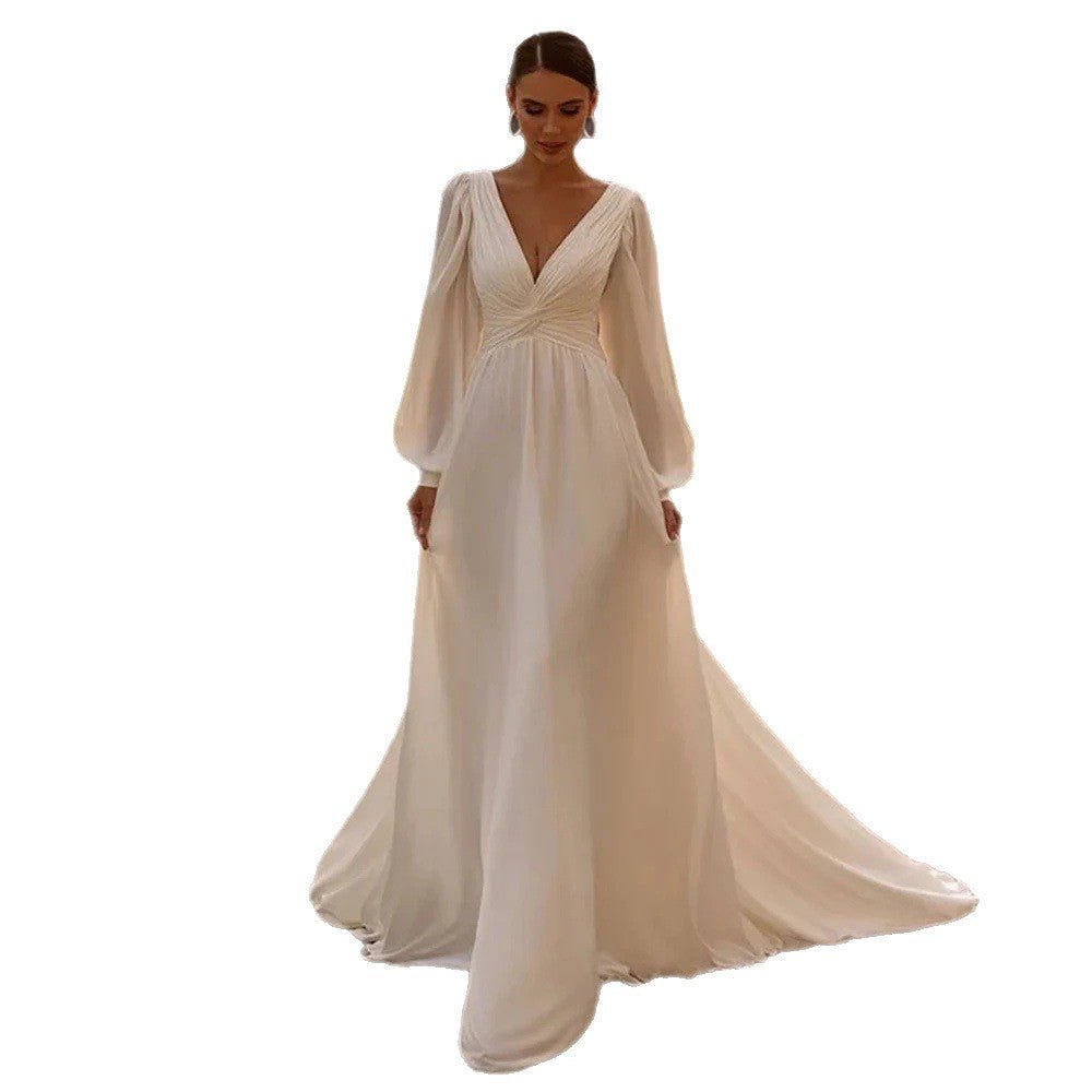 Bridal Chiffon Deep V Satin Long Sleeve Light Yarn Gown - Luzilly Bridal & Apparel