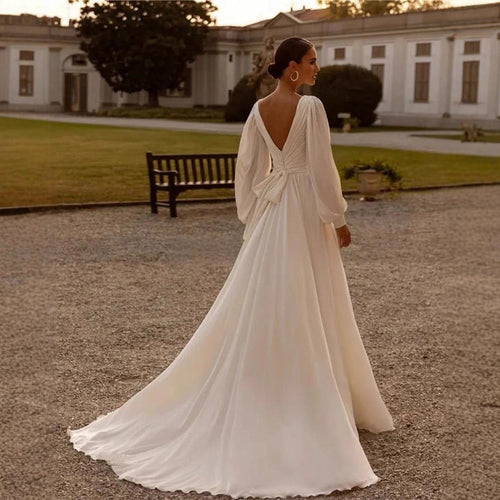 Bridal Chiffon Deep V Satin Long Sleeve Light Yarn Gown - Luzilly Bridal & Apparel