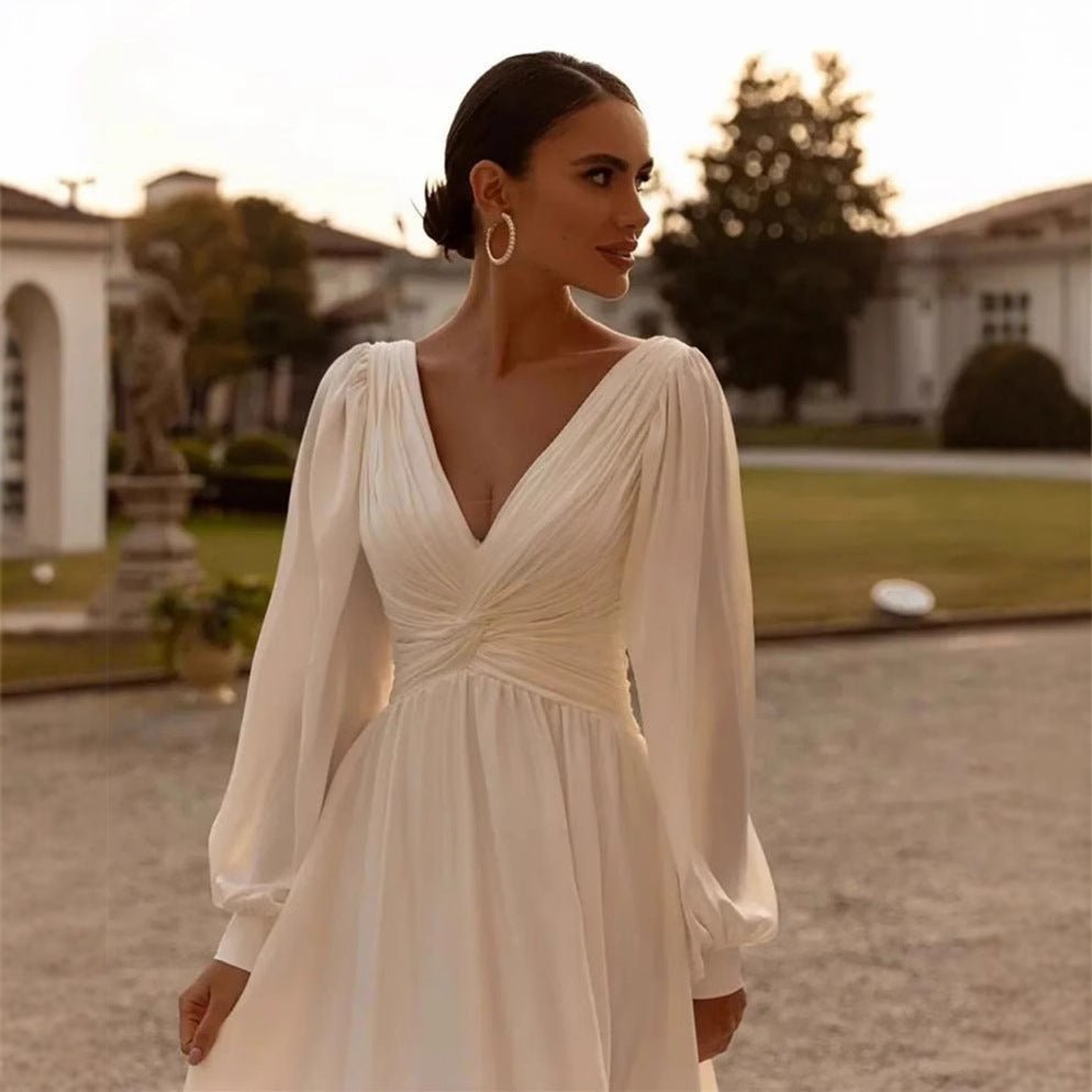 Bridal Chiffon Deep V Satin Long Sleeve Light Yarn Gown - Luzilly Bridal & Apparel