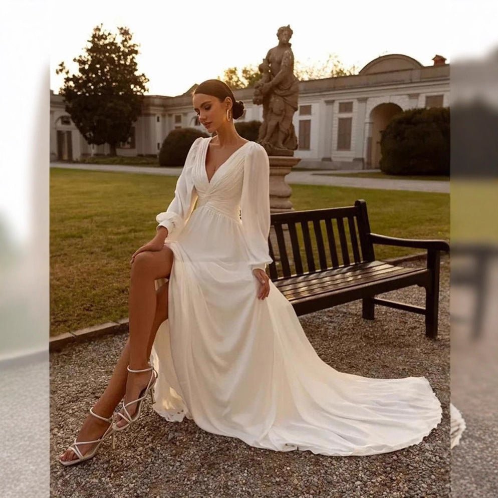 Bridal Chiffon Deep V Satin Long Sleeve Light Yarn Gown - Luzilly Bridal & Apparel