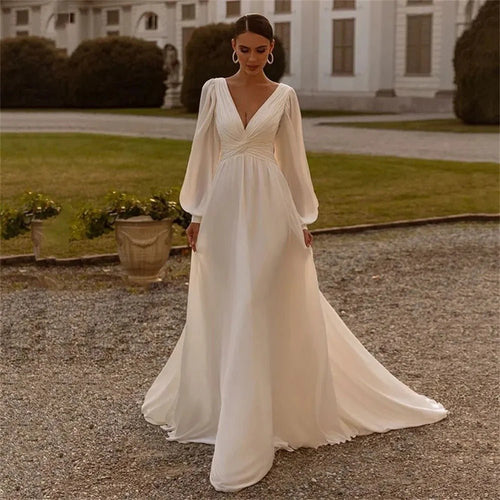 Bridal Chiffon Deep V Satin Long Sleeve Light Yarn Gown - Luzilly Bridal & Apparel