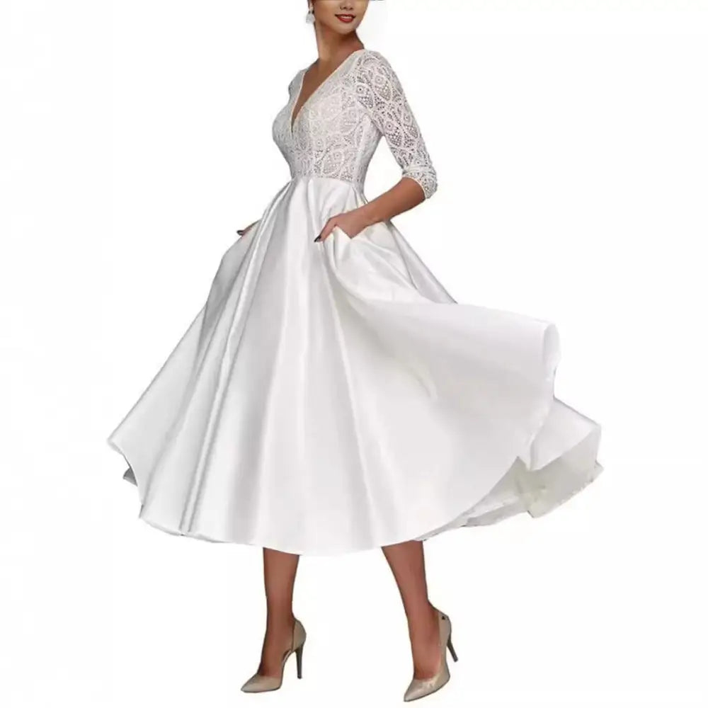 Bridal Deep V-Neck Long Sleeve Wedding Dress