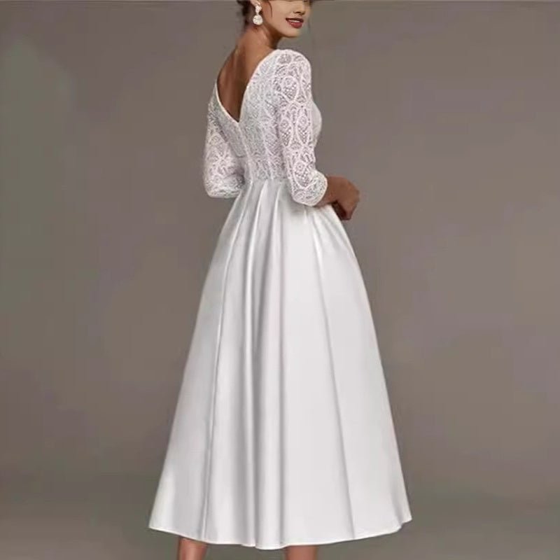Bridal Deep V-neck Slim Lace Mid-length Long Sleeve Wedding Dress - Luzilly Bridal & Apparel
