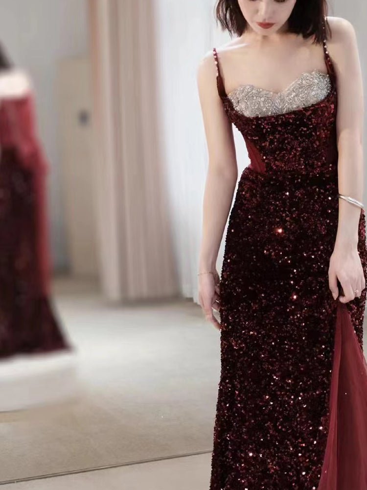 Bridal Fishtail Wine Red Sling Wedding Dress - Luzilly Bridal & Apparel
