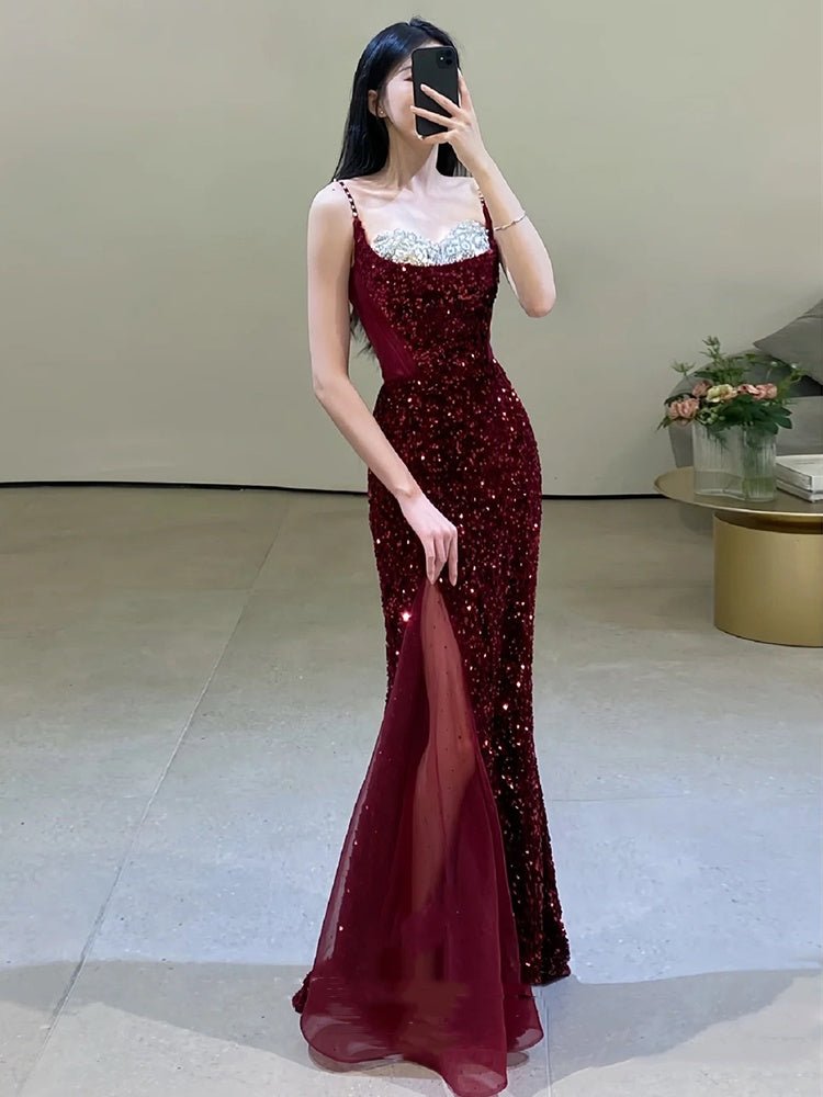 Bridal Fishtail Wine Red Sling Wedding Dress - Luzilly Bridal & Apparel