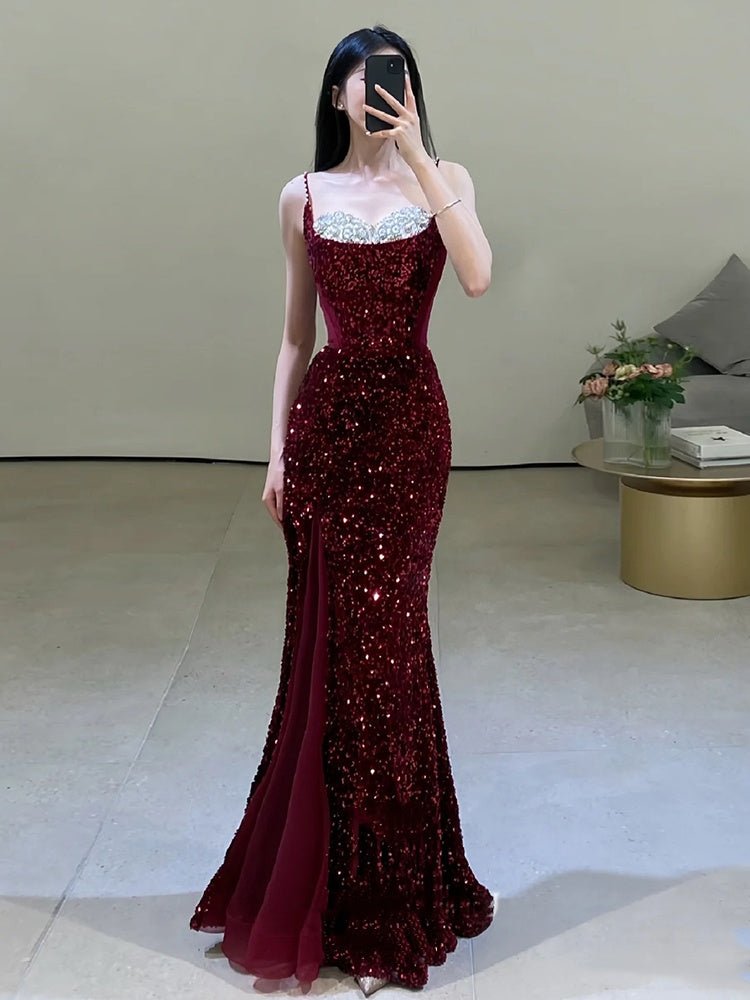 Bridal Fishtail Wine Red Sling Wedding Dress - Luzilly Bridal & Apparel