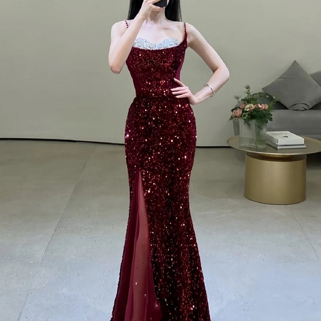Fishtail Wine Red Sleeveless Dress - Luzilly Bridal & Apparel