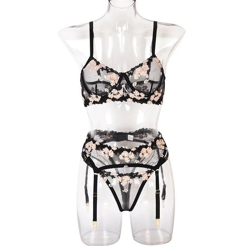 Bridal Floral Embroidered Bra, Thong & Garter Set - Luzilly Bridal & Apparel