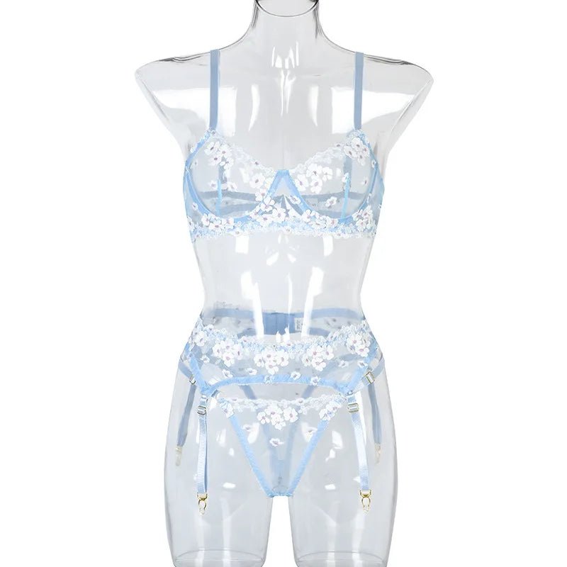 Bridal Floral Embroidered Bra, Thong & Garter Set - Luzilly Bridal & Apparel