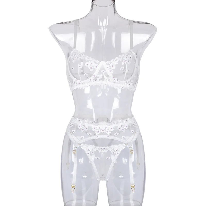 Bridal Floral Embroidered Bra, Thong & Garter Set - Luzilly Bridal & Apparel