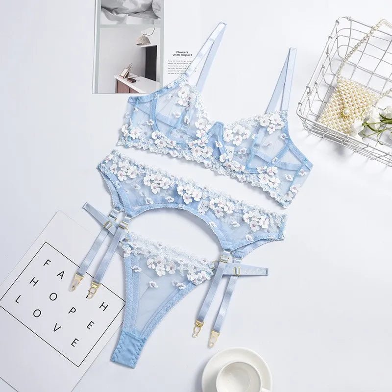 Bridal Floral Embroidered Bra, Thong & Garter Set - Luzilly Bridal & Apparel