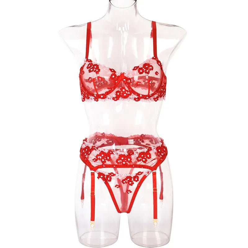 Bridal Floral Embroidered Bra, Thong & Garter Set - Luzilly Bridal & Apparel