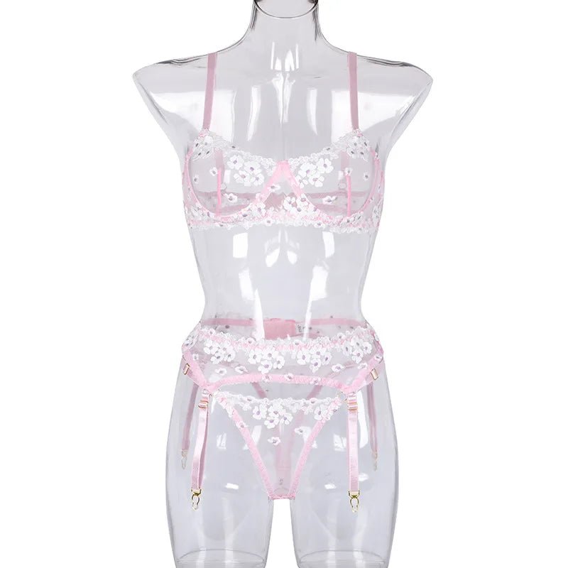 Bridal Floral Embroidered Bra, Thong & Garter Set - Luzilly Bridal & Apparel