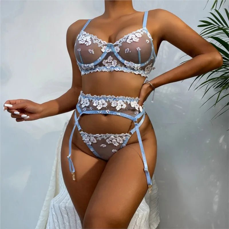 Bridal Floral Embroidered Bra, Thong & Garter Set - Luzilly Bridal & Apparel