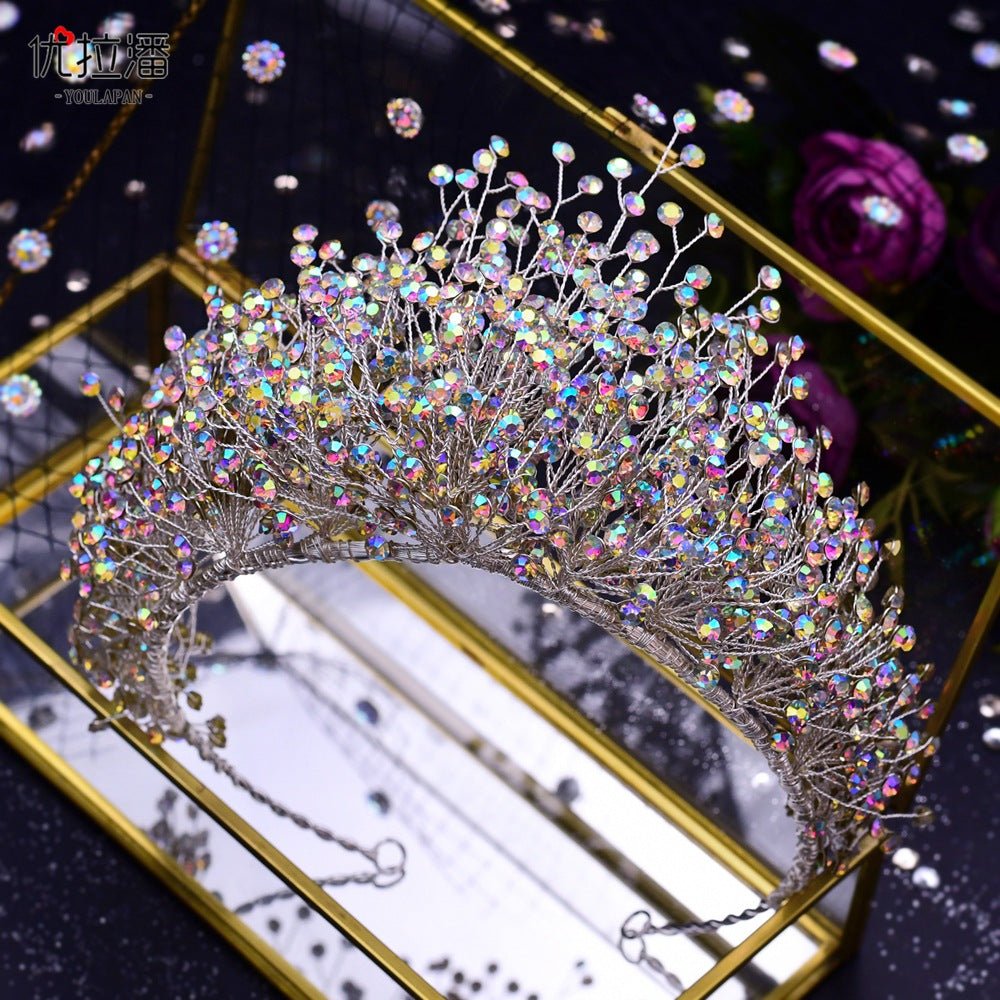 Bridal Headdress New Crown Set Ab Colored Diamond Necklace Earrings Three-Piece Set - Luzilly Bridal & Apparel