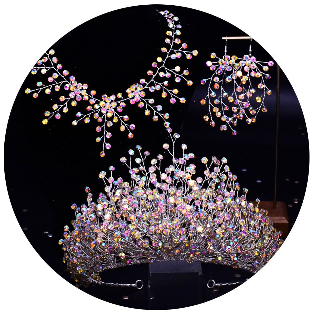 Bridal Headdress New Crown Set Ab Colored Diamond Necklace Earrings Three-Piece Set - Luzilly Bridal & Apparel