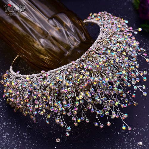 Bridal Headdress New Crown Set Ab Colored Diamond Necklace Earrings Three-Piece Set - Luzilly Bridal & Apparel