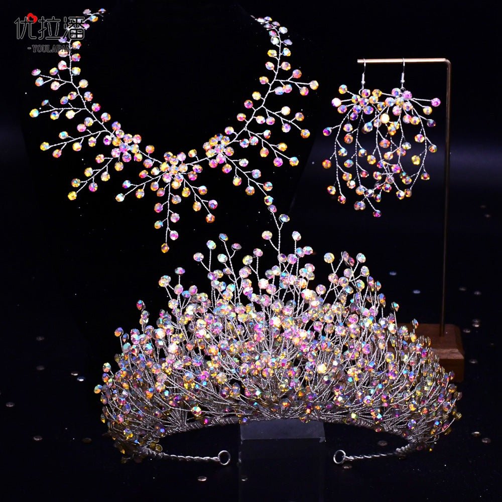 Bridal Headdress New Crown Set Ab Colored Diamond Necklace Earrings Three-Piece Set - Luzilly Bridal & Apparel