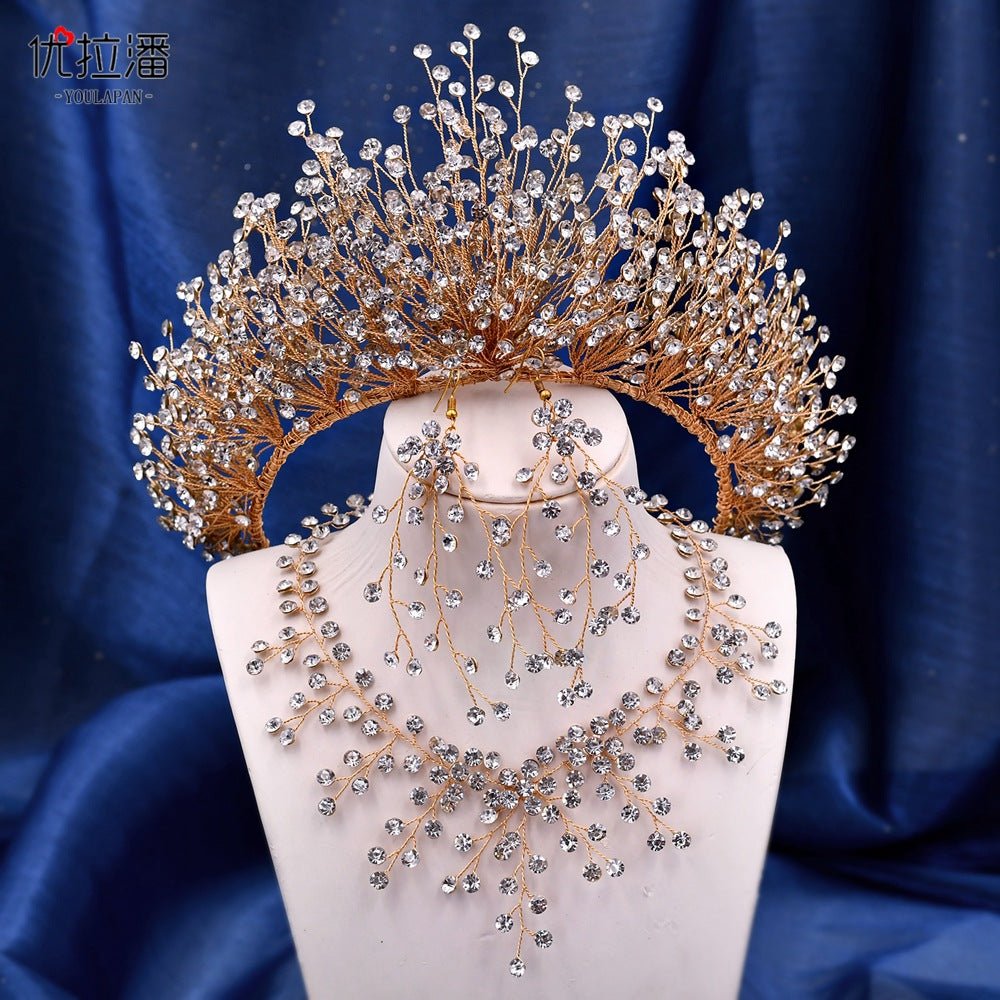Bridal Headdress New Crown Set Ab Colored Diamond Necklace Earrings Three-Piece Set - Luzilly Bridal & Apparel