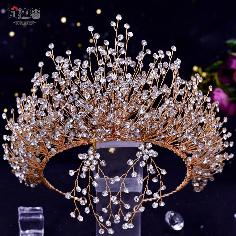 Bridal Headdress New Crown Set Ab Colored Diamond Necklace Earrings Three-Piece Set - Luzilly Bridal & Apparel