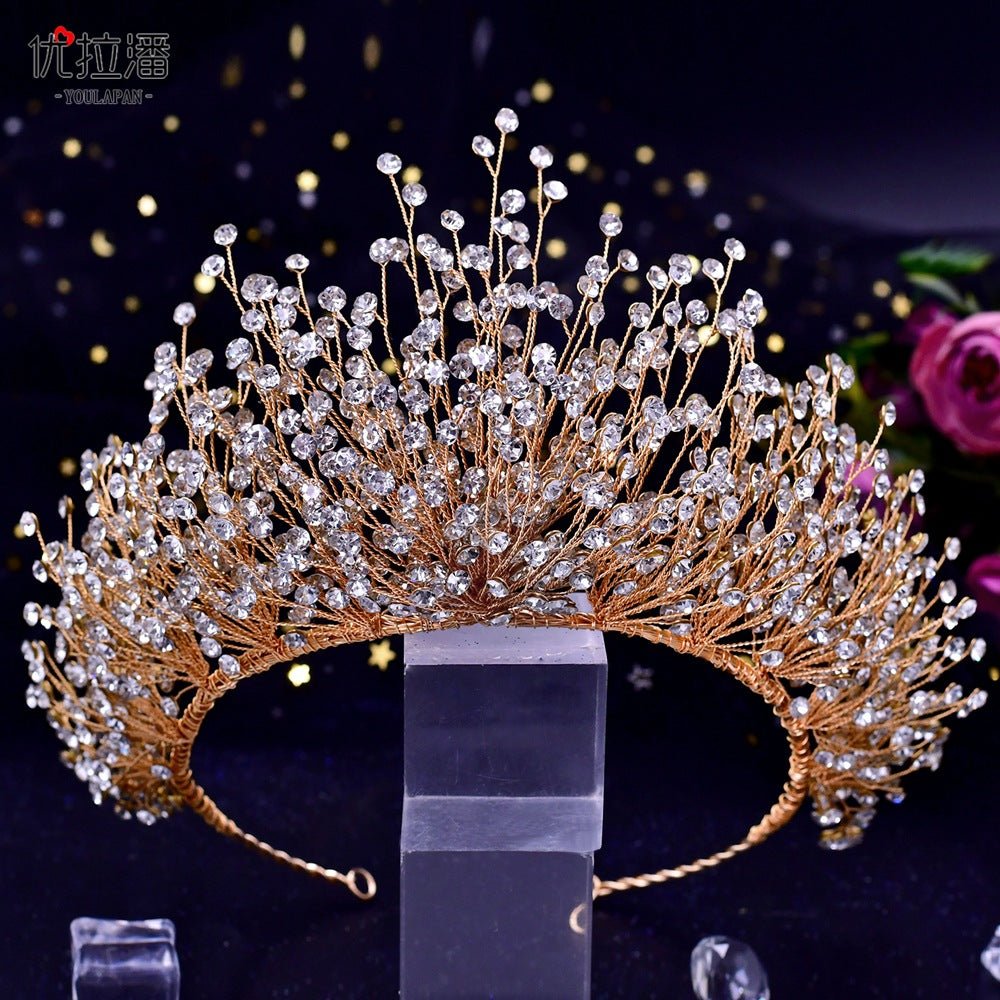 Bridal Headdress New Crown Set Ab Colored Diamond Necklace Earrings Three-Piece Set - Luzilly Bridal & Apparel