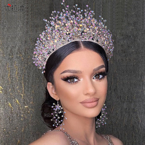 Bridal Headdress New Crown Set Ab Colored Diamond Necklace Earrings Three-Piece Set - Luzilly Bridal & Apparel