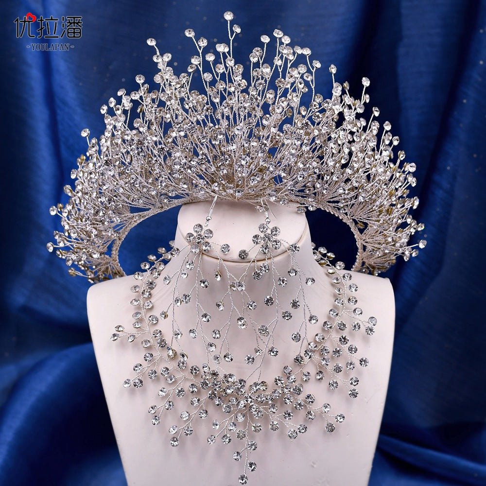 Bridal Headdress New Crown Set Ab Colored Diamond Necklace Earrings Three-Piece Set - Luzilly Bridal & Apparel