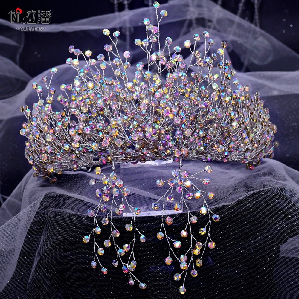 Bridal Headdress New Crown Set Ab Colored Diamond Necklace Earrings Three-Piece Set - Luzilly Bridal & Apparel