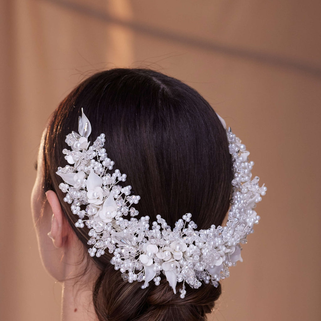 Bridal Headpiece with Resin Flowers, Pearls & Crystals - Luzilly Bridal & Apparel