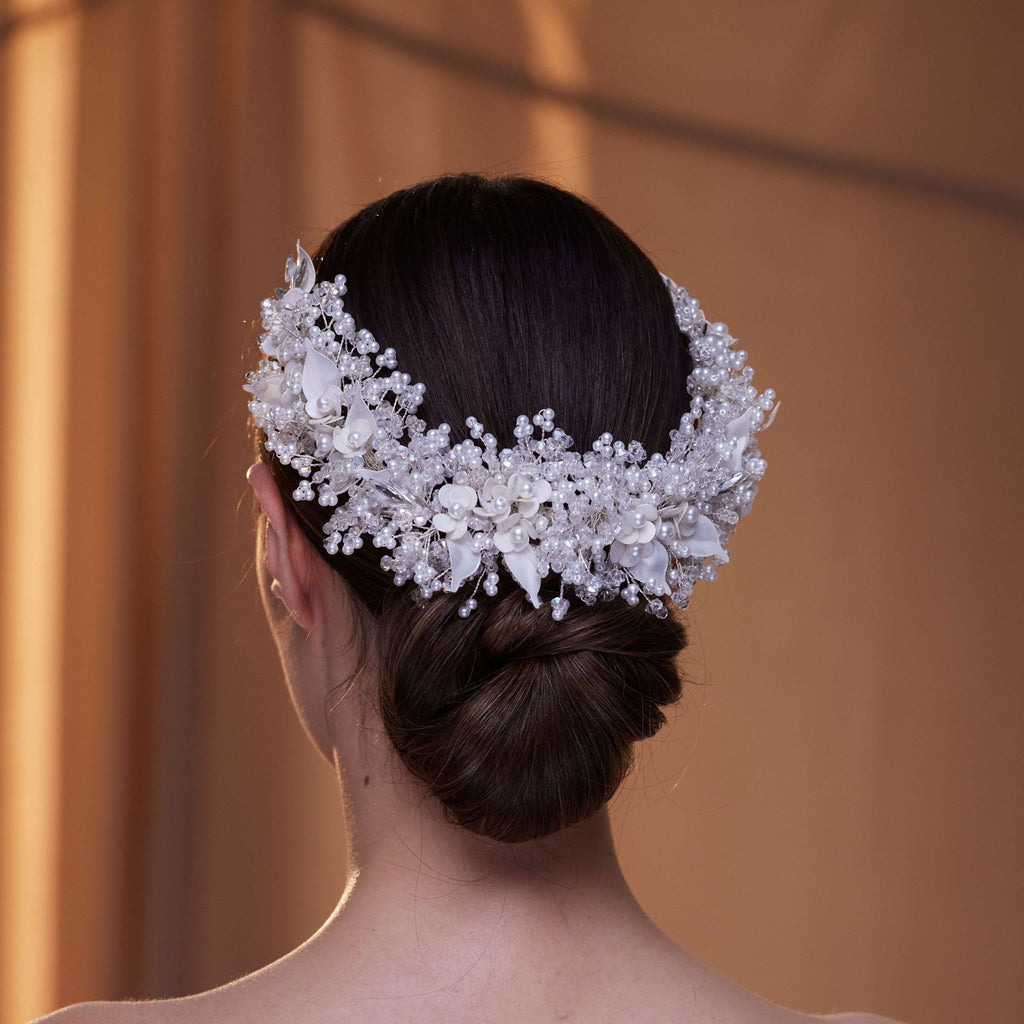 Bridal Headpiece with Resin Flowers, Pearls & Crystals - Luzilly Bridal & Apparel
