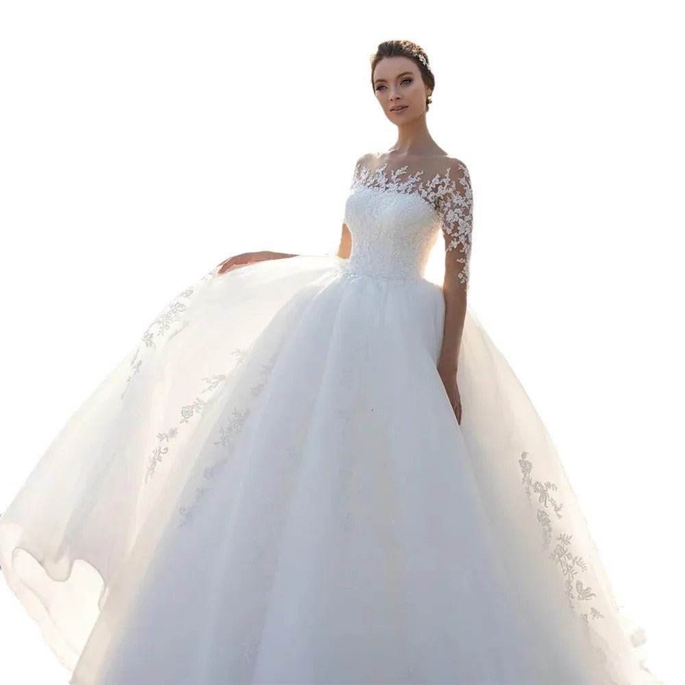 Bridal Mesh Long Sleeve Embroidered Wedding Dress - Luzilly Bridal & Apparel