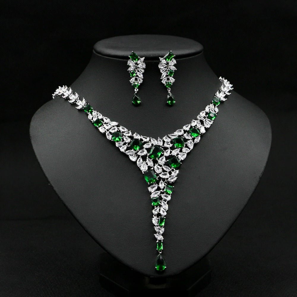 Bridal Necklace Ear Stud Color Zircon Necklace Suit Wedding Dress Wedding Earring Accessories - Luzilly Bridal & Apparel